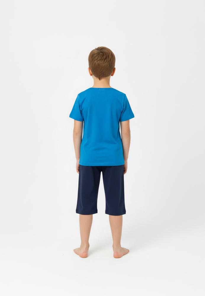 Pijama copii cu maneca scurta si pantaloni 3/4,culoare albastru,Engros